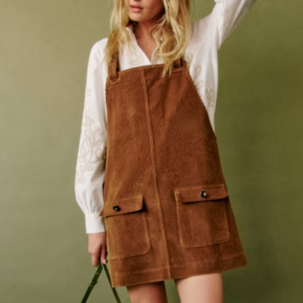 YSEA DRESS Carmel Corduroy Sezane mini short overall brown button pinafore fall